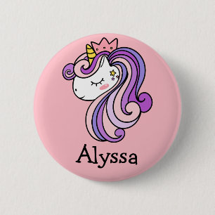 Cute Pink purple Unicorn Name Tag Button