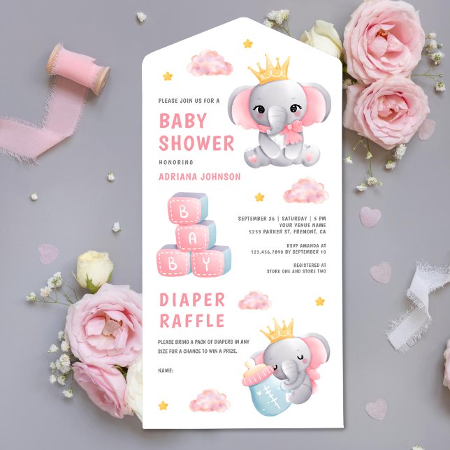 Cute Pink Queen Elephant Girl Baby Shower All In One Invitation (Creator Uploaded)