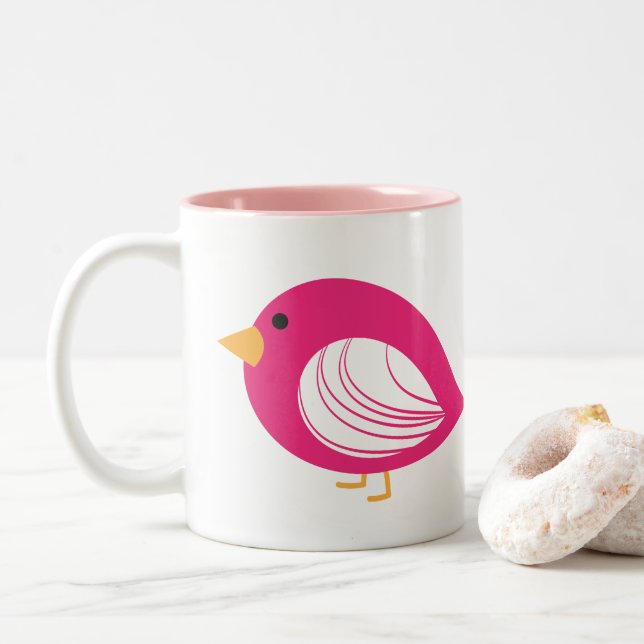 Cute pink quirky birds Two-Tone coffee mug (With Donut)