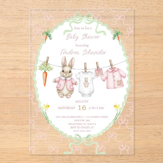 Cute Pink Rabbit Clothesline Baby Shower  Acrylic Invitations (Front)