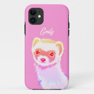 Cute Pink Rainbow Ferret - Girly Animal Illustrati iPhone 11 Case