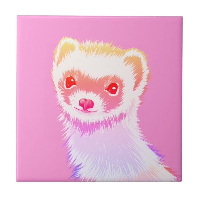 Cute Pink Rainbow Ferret - Girly Animal Illustrati Ceramic Tile (Front)