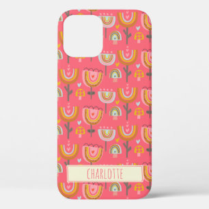 Cute Pink Rainbow Flowers Personalised Name iPhone 12 Case