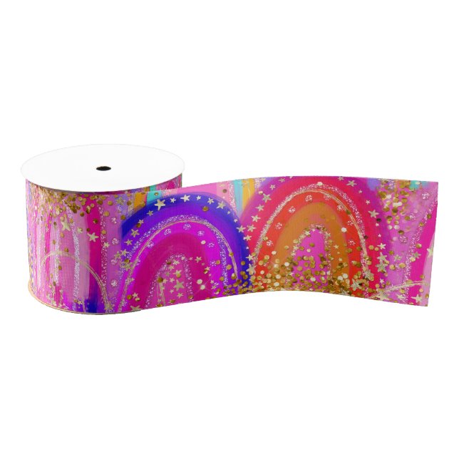 Cute Pink Rainbow Glitter Grosgrain Ribbon (Spool)