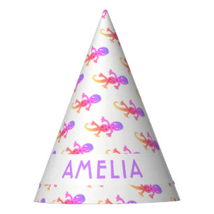 Cute Pink Rainbow Lizard Gecko BIrthday Party Hat