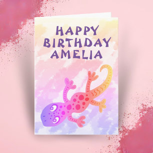 Cute Pink Rainbow Lizard Gecko Happy Birthday Card