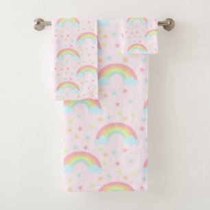 Cute Pink Rainbow Stars Soft Pastel Colour Kawaii Bath Towel Set