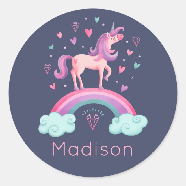 Cute Pink Rainbow Unicorn  Classic Round Sticker (Front)