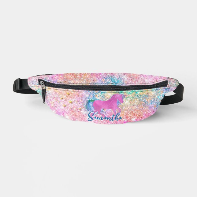 Cute Pink Rainbow unicorn Glitter Bum Bags (Front)
