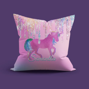 Cute Pink Rainbow unicorn Glitter Drips monogram Cushion