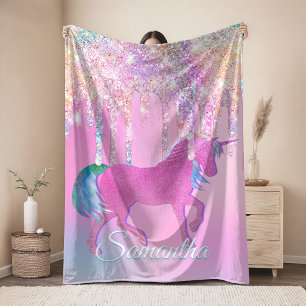 Cute Pink Rainbow unicorn Glitter Drips monogram Fleece Blanket
