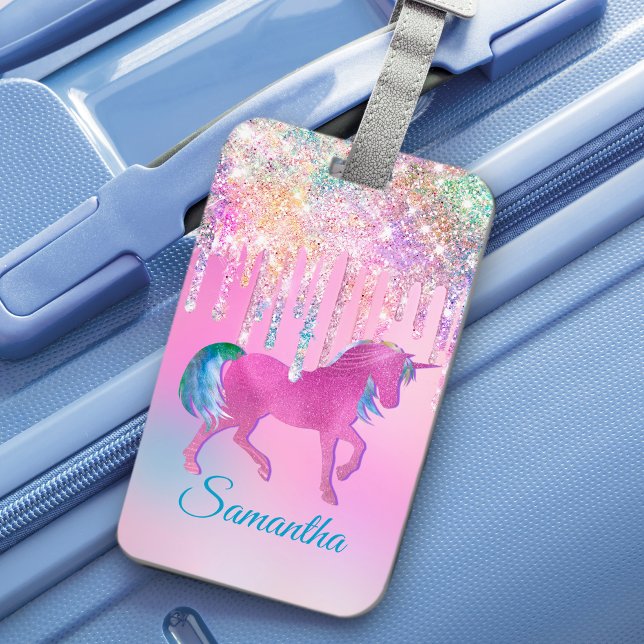 Cute Pink Rainbow unicorn Glitter Drips monogram Luggage Tag (Creator Uploaded)