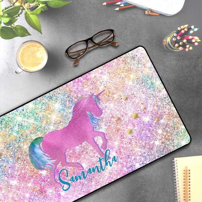 Cute Pink Rainbow unicorn Glitter monogram Desk Mat (Creator Uploaded)