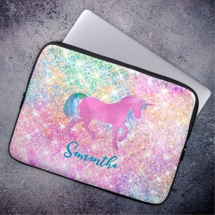 Cute Pink Rainbow unicorn Glitter monogram Laptop Sleeve