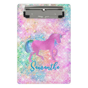 Cute Pink Rainbow unicorn Glitter monogram Mini Clipboard