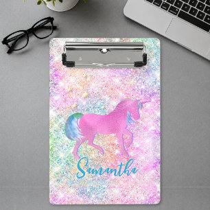 Cute Pink Rainbow unicorn Glitter monogram Mini Clipboard