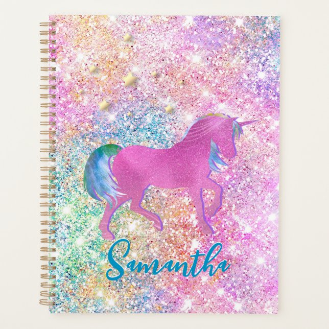 Cute Pink Rainbow unicorn Glitter monogram Planner (Front)