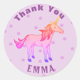 Cute Pink Rainbow Unicorn Thank You Name Classic Round Sticker