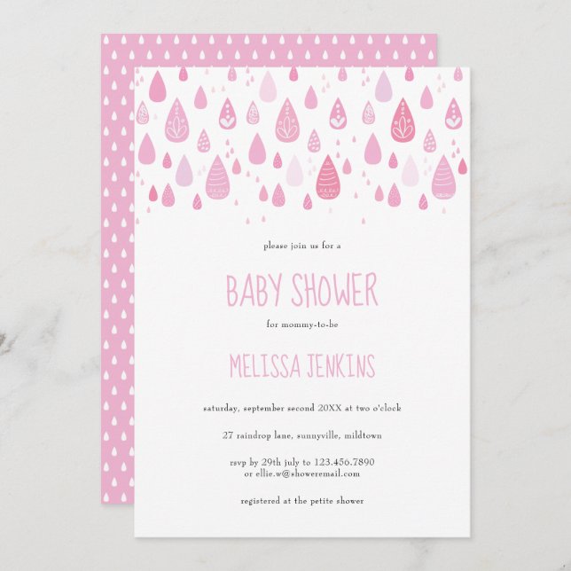 Cute Pink Raindrops Baby Shower / Sprinkle Invitation (Front/Back)
