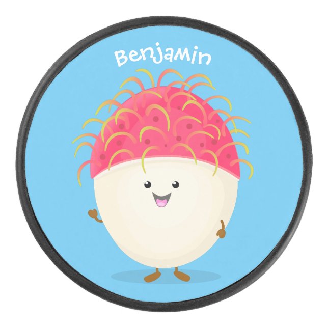Cute pink rambutan cartoon illustration hockey puck (Front)