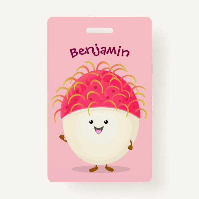 Cute pink rambutan cartoon illustration ID badge (Front)
