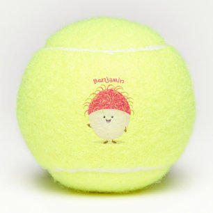 Cute pink rambutan cartoon illustration tennis balls