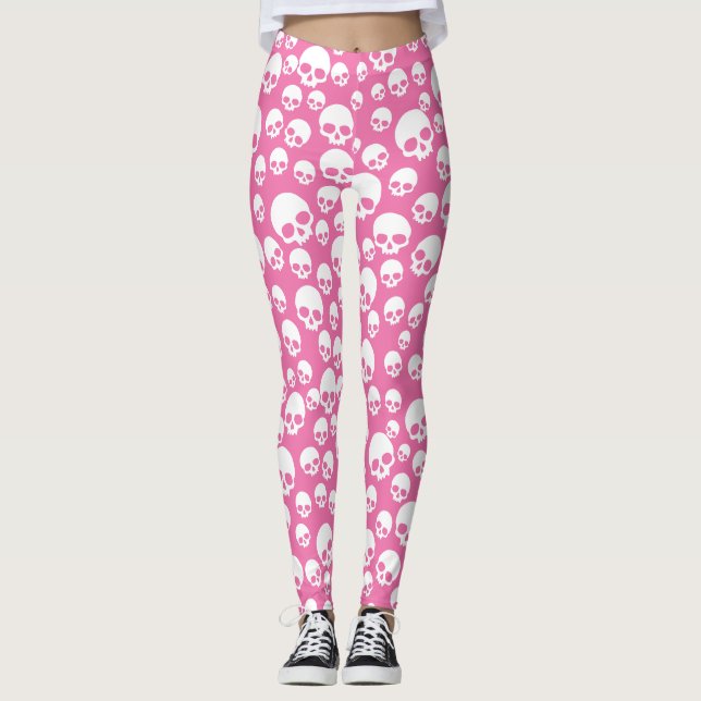 Cute Pink Random Skulls Pattern Leggings (Front)