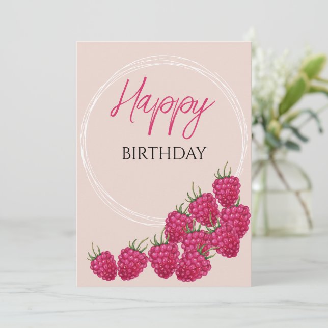 Cute Pink Raspberries Watercolor Illustration Card (Standing Front)