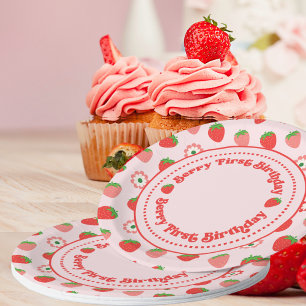 Cute Pink Red Berry First Birthday Paper Plate