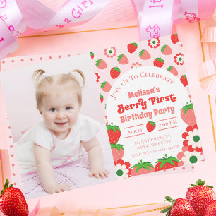 Cute Pink Red Berry First Birthday Photo  Invitation