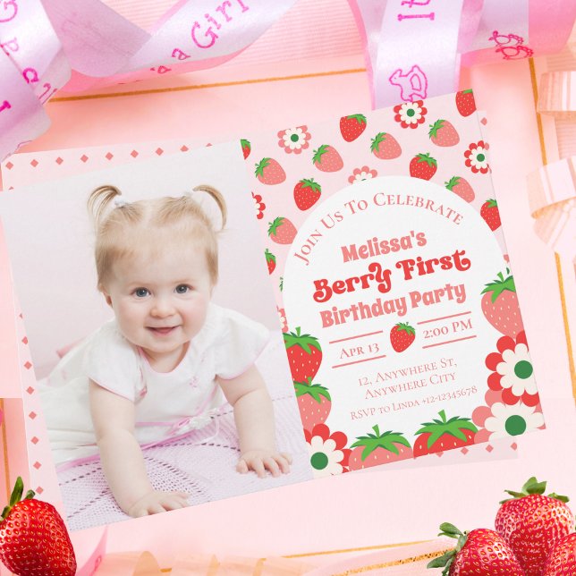 Cute Pink Red Berry First Birthday Photo  Invitation (Creator Uploaded)