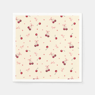 Cute Pink Red Cherries Hearts Bows on Cream Napkin