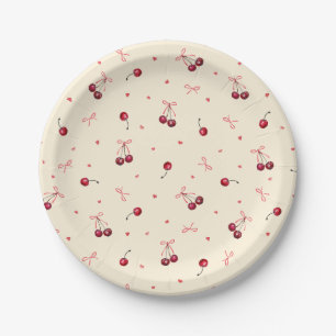 Cute Pink Red Cherries Hearts Bows on Cream Paper Plate