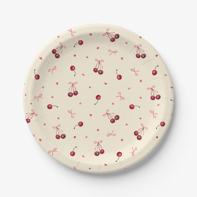 Cute Pink Red Cherries Hearts Bows on Cream Paper Plate (Front)
