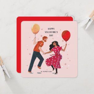 Cute pink & red dancing people valentine card