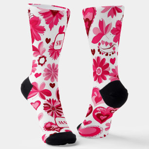 Cute pink red floral hearts, girly monogram socks
