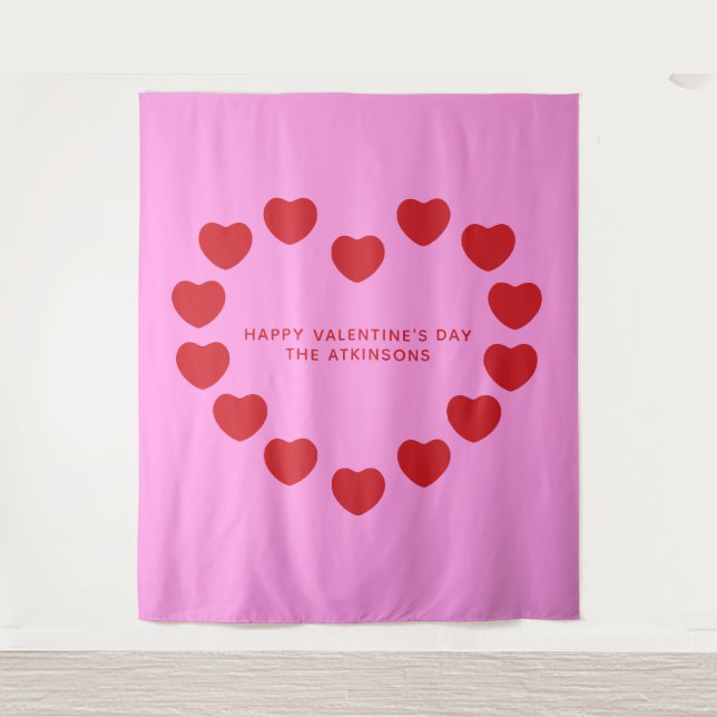 Cute pink red heart Valentine's Day party backdrop Tapestry (Front)