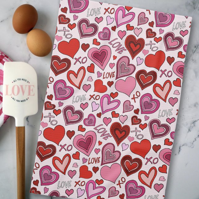 Cute Pink Red Hearts Blush Love Pattern Tea Towel (Creator Uploaded)