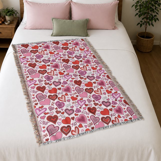 Cute Pink Red Hearts Blush Love Pattern Throw Blanket (Creator Uploaded)