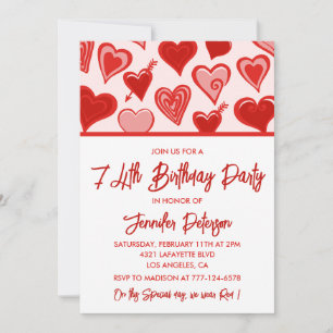 Cute Pink Red Hearts Pattern 74th birthday Invitation