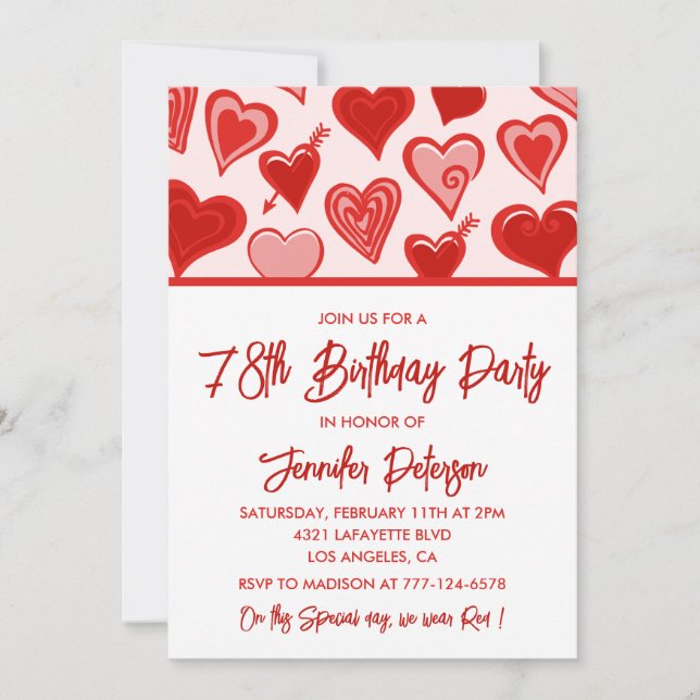 Cute Pink Red Hearts Pattern 78th birthday Invitation (Front)