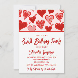 Cute Pink Red Hearts Pattern 84th birthday Invitation