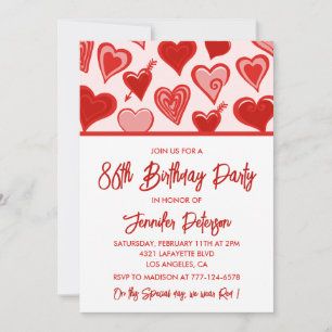 Cute Pink Red Hearts Pattern 86th birthday Invitation