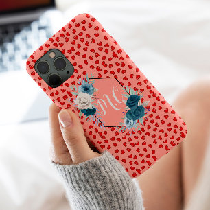 cute pink & Red hearts pattern Custom monogram iPhone 13 Pro Max Case