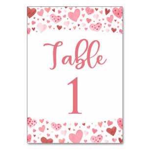 Cute Pink Red Hearts Valentine Table Number Card