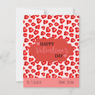 Cute Pink & Red Leopard Hearts Kids Classroom Holiday Card