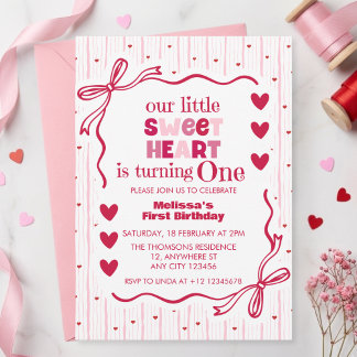 Cute Pink Red Little Sweetheart First Birthday Invitation