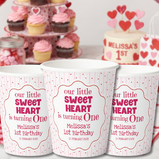 Cute Pink Red Little Sweetheart One Birthday Party Paper Cups