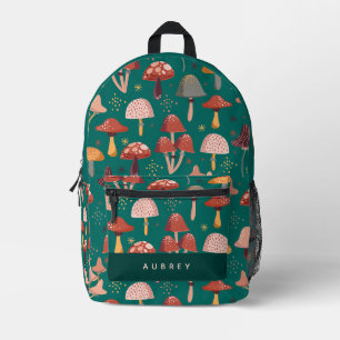 Cute Pink & Red Mushroom Pattern Green Printed Backpack