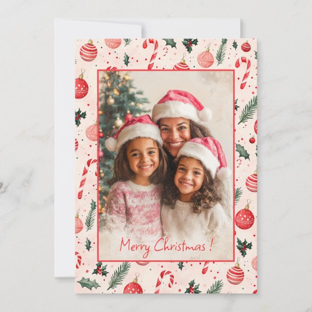 Cute Pink Red Photo Christmas Card (Front)